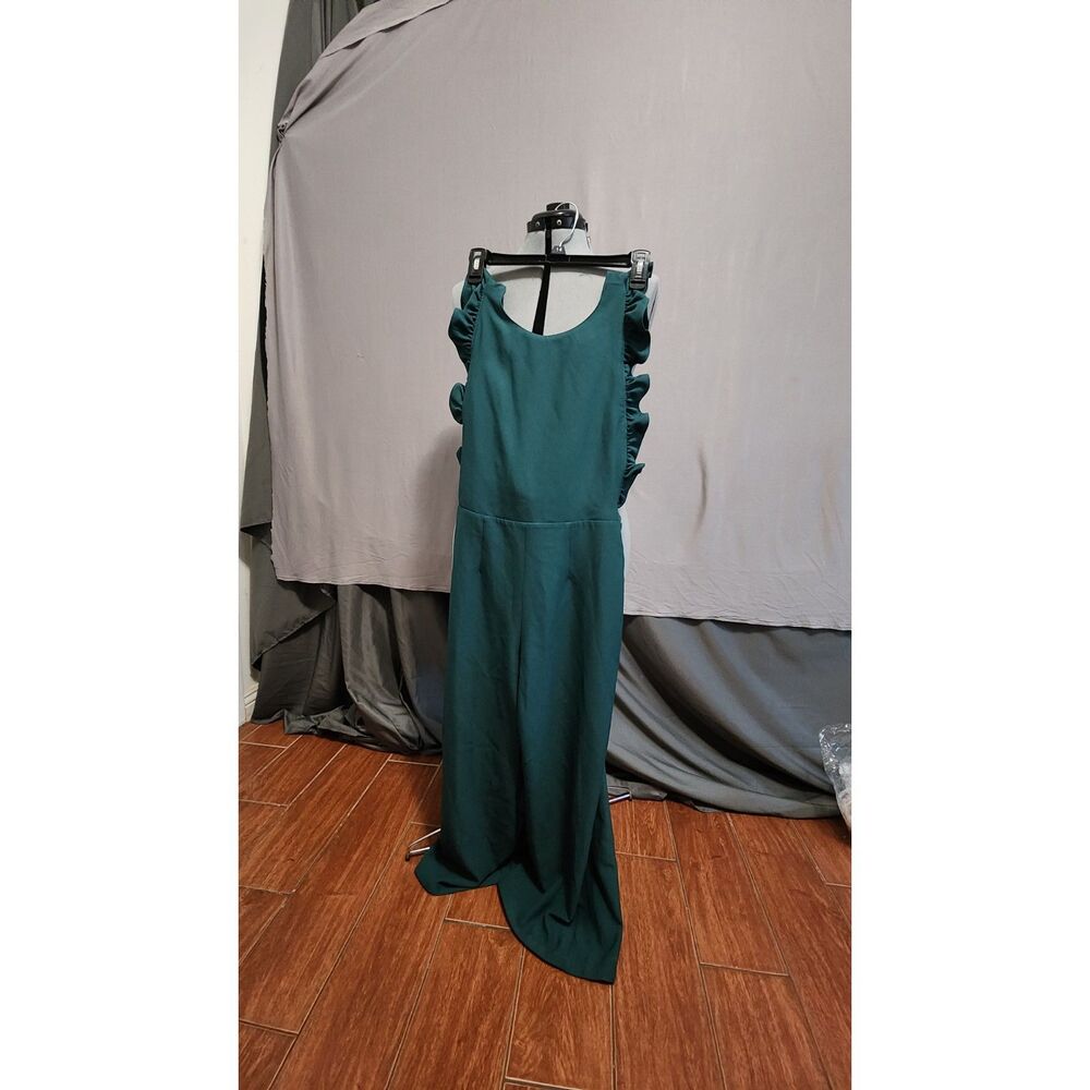 Green Sleeveless Ruffled Cropped Barocade Back Jumpsuit Sz S (4/6)